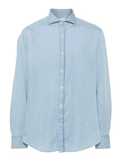 Brunello Cucinelli Denim Shirt With Long Sleeves And Curved Hem In Blue