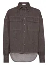 Brunello Cucinelli Brown Shirt With Classic Collar And Monil Detail On The Pocket In Cotton Blend Woman In Brown