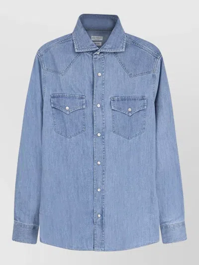 Brunello Cucinelli Denim Shirt Cotton Long Sleeves Pointed Collar In Blue