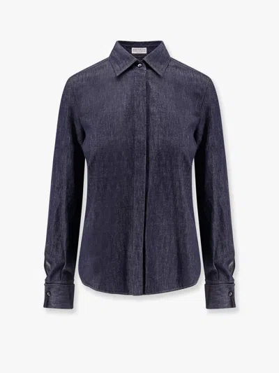 Brunello Cucinelli Denim Shirt With Contrasting Stitching In Blue