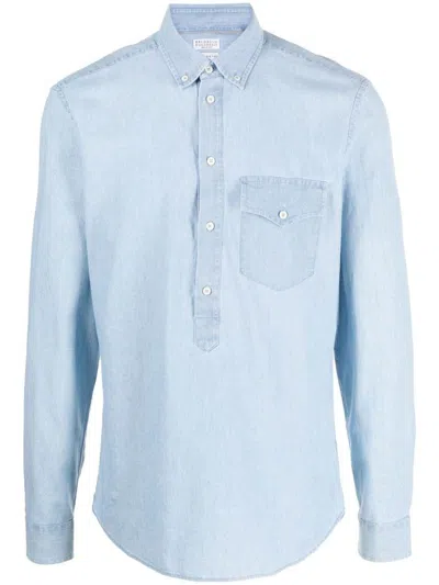 Brunello Cucinelli Denim Shirt With Pocket In Blue