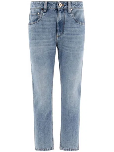 Brunello Cucinelli Denim Straight Pants With `shiny` Bartack In Blue