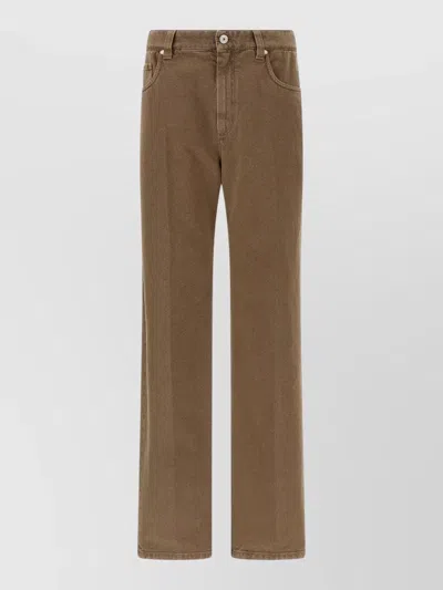 Brunello Cucinelli Denim Trousers Straight Leg Belt Loops Pockets In Brown