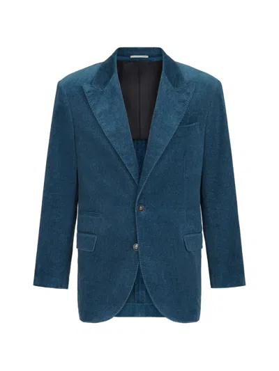 Brunello Cucinelli Denim-effect Cotton Velvet Tailor Blazer With Peak Lapels In Multi