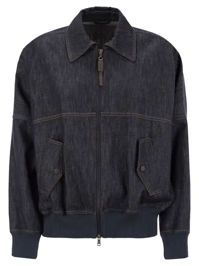 Brunello Cucinelli Denim-effect Twill Bomber Jacket With Shiny Zip In Blue