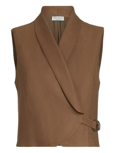 Brunello Cucinelli Diagonal-buckle Linen Gilet In Brown