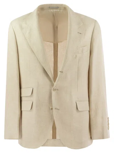 Brunello Cucinelli Diagonal Deconstructed Cavallo Jacket In Linen, Wool And Silk In Sand