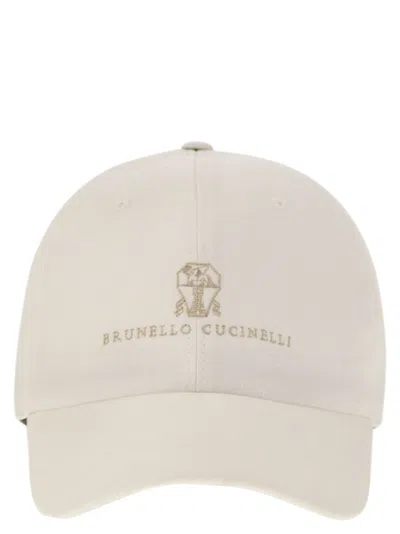 Brunello Cucinelli Men's Diagonal Linen, Wool And Silk Baseball Cap With Embroidered Logo In Cream