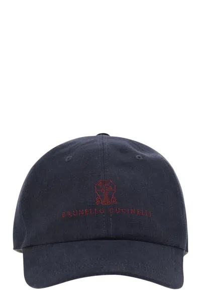 BRUNELLO CUCINELLI BRUNELLO CUCINELLI DIAGONAL LINEN, WOOL AND SILK BASEBALL CAP WITH EMBROIDERED LOGO