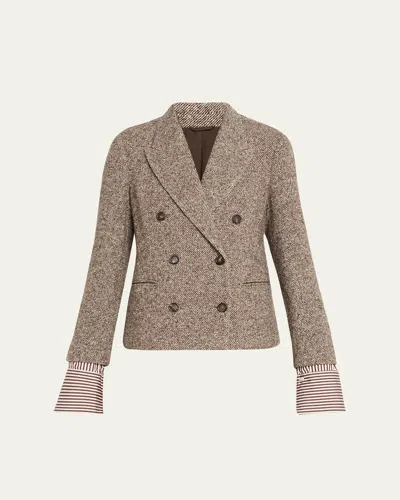 BRUNELLO CUCINELLI DIAGONAL TWEED WOOL BLAZER WITH REMOVABLE CUFFS