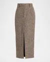 Brunello Cucinelli Diagonal Wool Tweed Midi Sartorial Pencil Skirt In Brown