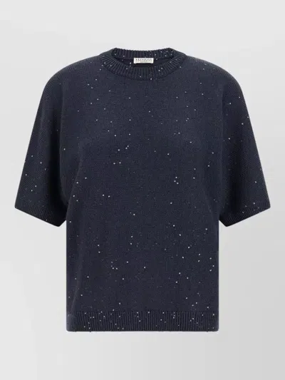Brunello Cucinelli Diamante Knit Sequin Crew Neck Sweater In Blue