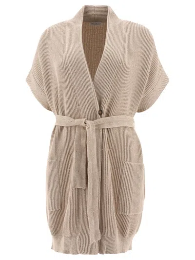 Brunello Cucinelli "diamante" Ribbed Cardigan In Pink