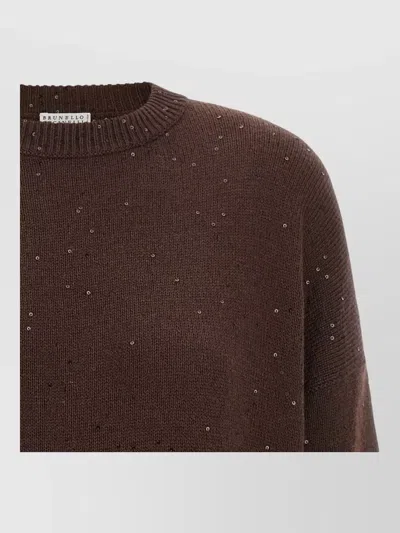 Brunello Cucinelli Diamante Sequin Cashmere Silk Crew Sweater In Brown