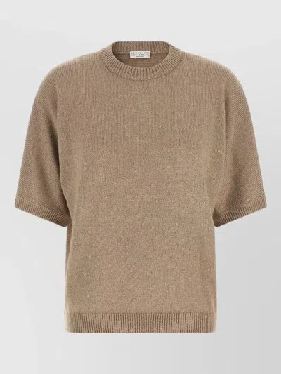 Brunello Cucinelli Diamante Sequin Cashmere Silk Short Sleeve Sweater In Black