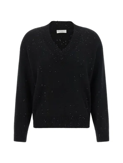 Brunello Cucinelli Diamante Sequin V Neck Cashmere Sweater In Black