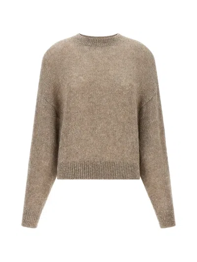 Brunello Cucinelli Diamante Sequin Cropped Crew Neck Sweater In Brown