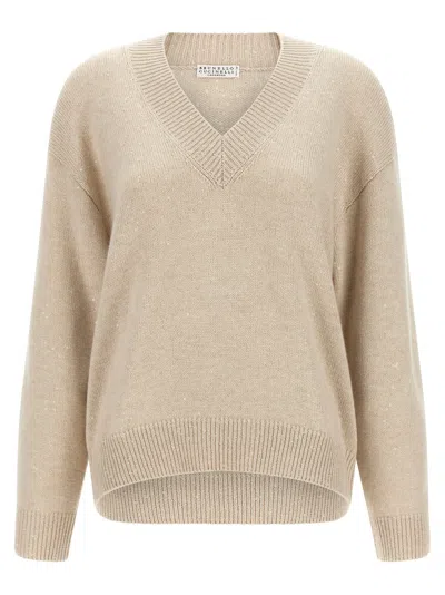 Brunello Cucinelli Diamante Cashmere Silk Sequin Knit Sweater In Neutral