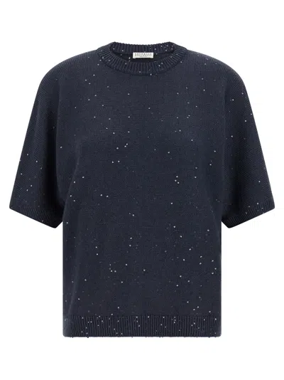 Brunello Cucinelli Diamante Knit Sequin Crew Neck Sweater In Blue