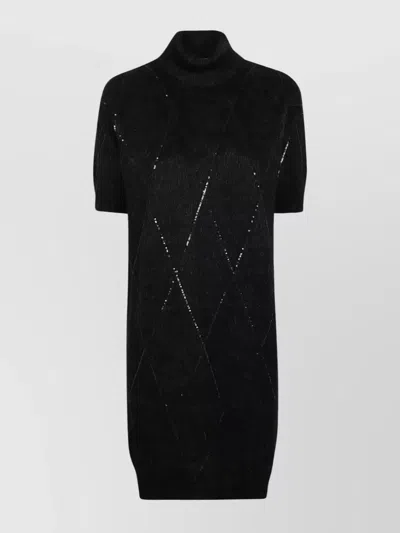 Brunello Cucinelli Diamond Pattern Sequin Embellished Turtleneck Dress In Grey