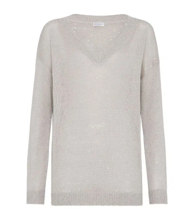 Brunello Cucinelli Women's Linen And Silk Diamond Yarn Sweater With Monili In Grey