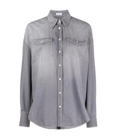 Brunello Cucinelli Distressed Buttoned Denim Shirt In Gray