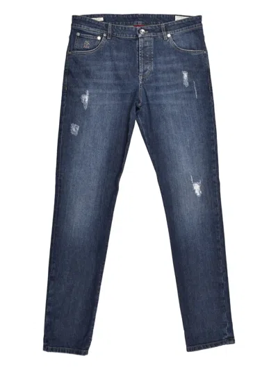 Brunello Cucinelli Distressed Logo-patch Jeans In Blue