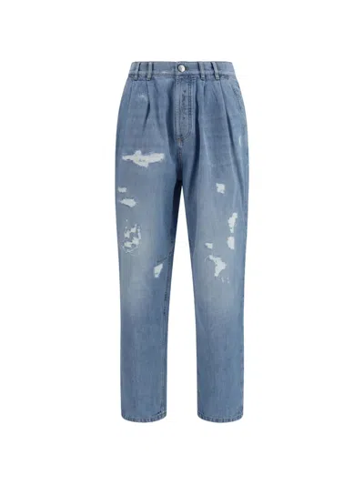 Brunello Cucinelli Distressed Pleated Jeans In Blue