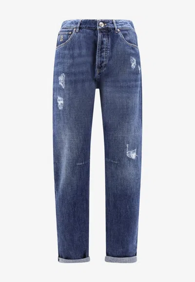 Brunello Cucinelli Distressed Straight-leg Jeans In Blue