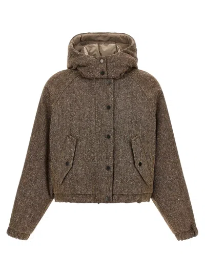 Brunello Cucinelli Donegal Tweed Down Jacket In Brown