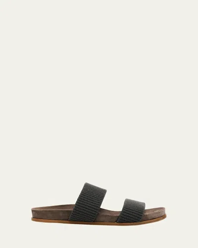 Brunello Cucinelli Double-band Monili Slide Sandals In Anthracite