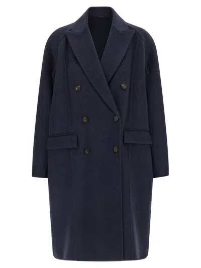 Brunello Cucinelli Double-breasted Black Cashmere Coat With Peak Lapels In Blue