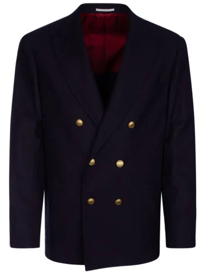 Brunello Cucinelli Tailored Double-breasted Jacket With Notch Lapels In Navy