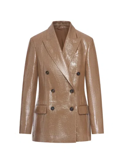 Brunello Cucinelli Double-breasted Blazer In Laminated Fabric With A Shiny Effect In Brown