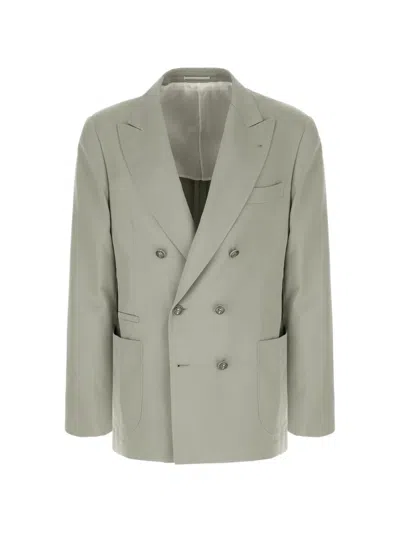 Brunello Cucinelli Silk-twill Double-breasted Jacket In Gray