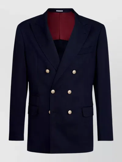 Brunello Cucinelli Double Breasted Blazer Structured Shoulders Notch Lapel In Blue