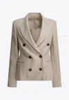 Brunello Cucinelli Women Double-breasted Jacket In Linen And Cotton With Chevron Pattern In Gray