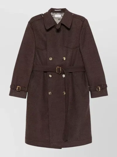 Brunello Cucinelli Double Breasted Coat Belted Waist Epaulettes In Brown
