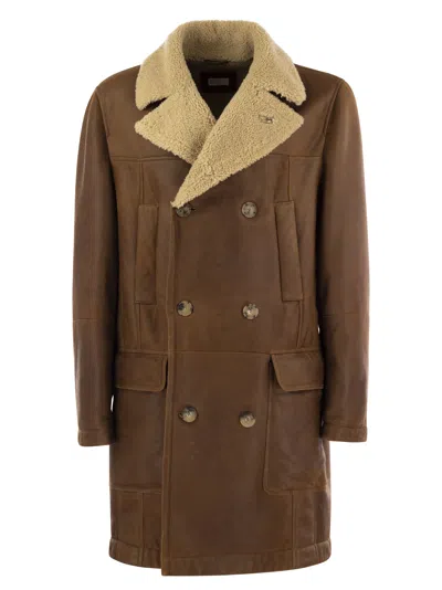 Brunello Cucinelli Double-breasted Coat In Napped Shearling In Brown