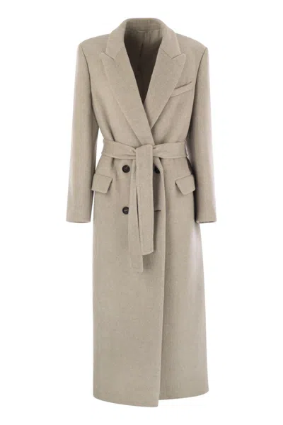 BRUNELLO CUCINELLI BRUNELLO CUCINELLI DOUBLE-BREASTED COAT IN VIRGIN WOOL AND CASHMERE CLOTH WITH JEWELLERY