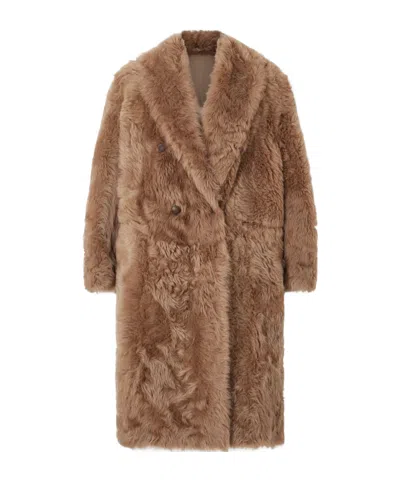 Brunello Cucinelli Oversized Shearling Double-breasted Coat In Brown