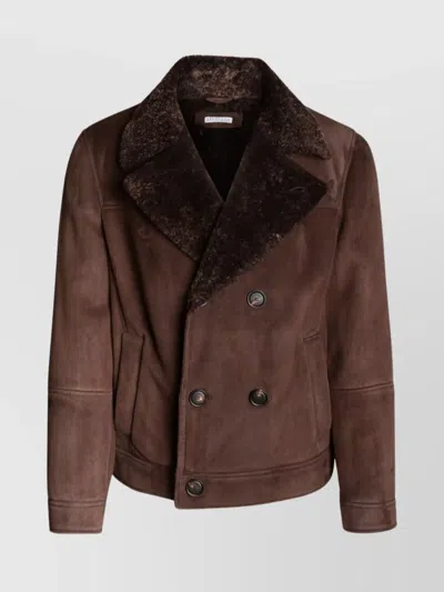 Brunello Cucinelli Double Breasted Coat Shearling Collar In Brown