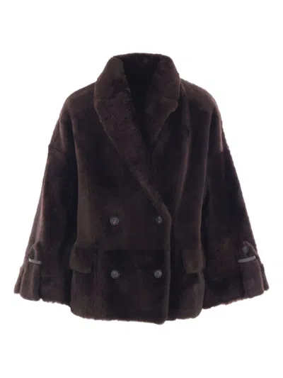 Brunello Cucinelli Double-breasted Coat With Plush Texture In Brown