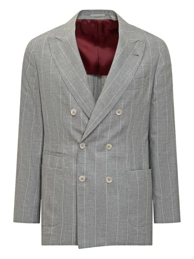 Brunello Cucinelli Double-breasted Grey Blazer With Pinstripe Pattern In Gray