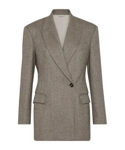 BRUNELLO CUCINELLI BRUNELLO CUCINELLI DOUBLE-BREASTED HERRINGBONE TAILORED BLAZER