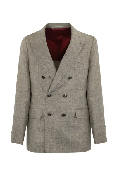 Brunello Cucinelli Double-breasted Jacket In Linen, Wool And Silk In Brown