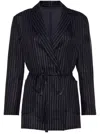 Brunello Cucinelli Double-breasted Jacket With Pinstripe Detail And Belted Waist In Black