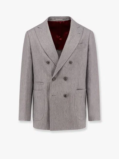 Brunello Cucinelli Double-breasted Linen Blazer In Grey