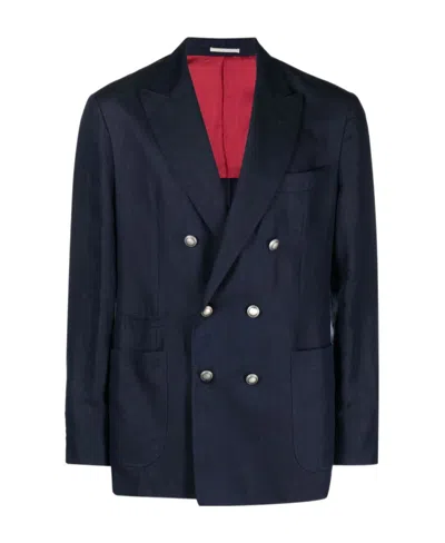 Brunello Cucinelli Double-breasted Linen Blazer In Blue