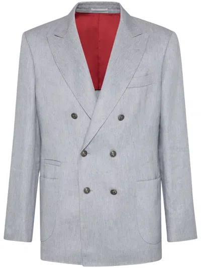 Brunello Cucinelli Double-breasted Linen Blazer In Grey